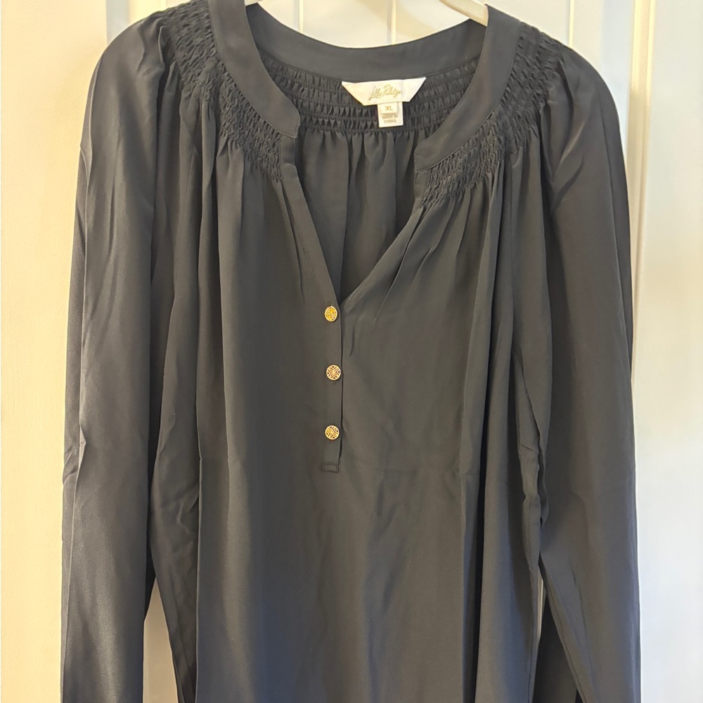 Lilly Pulitzer Elsa Blouse, Black with Gold Buttons